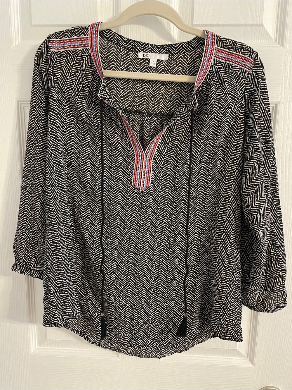 DR2 Black & White Chevron Peasant Top with red and blue Trim